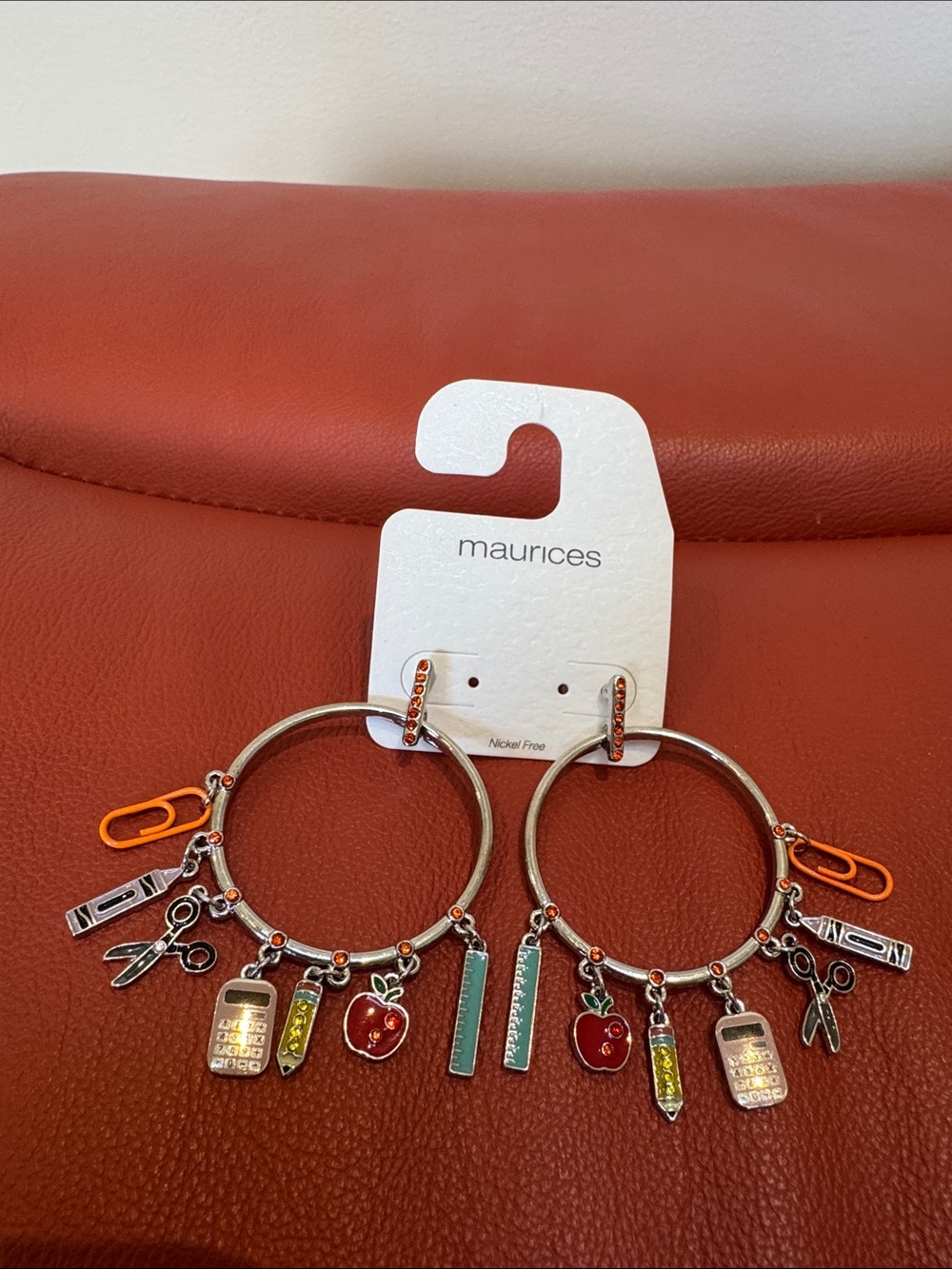 NWT Maurices Teacher School Supply Hoop Earrings (apple, pencil, scissors, etc)